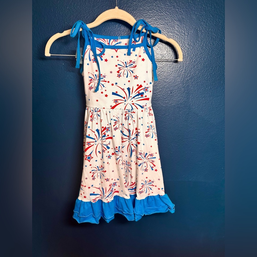 2 pc Girls' White & Blue Firework Print Sundress - Patriotic Summer Dress